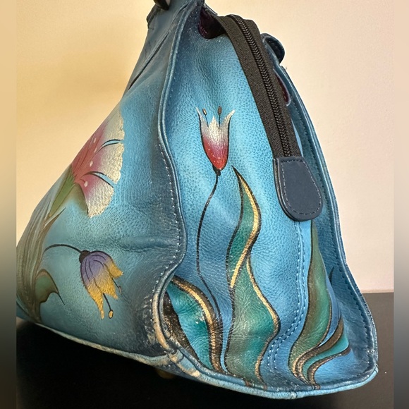 Anuschka Hand Painted Leather Teal Floral Tote Shoulder Handbag Purse - Picture 8 of 16